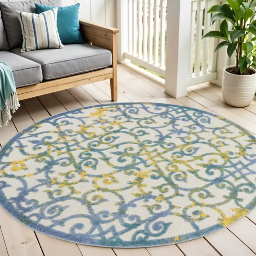 5' Ivory And Blue Round Indoor Outdoor Area Rug Photo 2