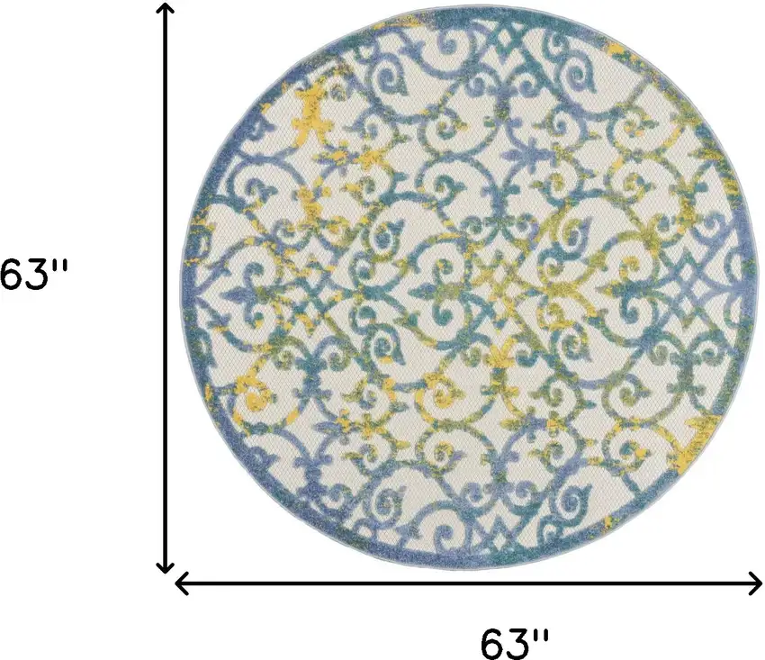 Ivory And Blue Round Floral Indoor Outdoor Area Rug Photo 9