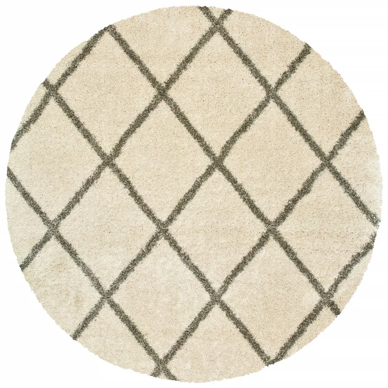 Round Ivory and Gray Geometric Lattice Area Rug Photo 1
