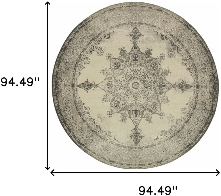 Round Ivory and Gray Pale Medallion Area Rug Photo 4