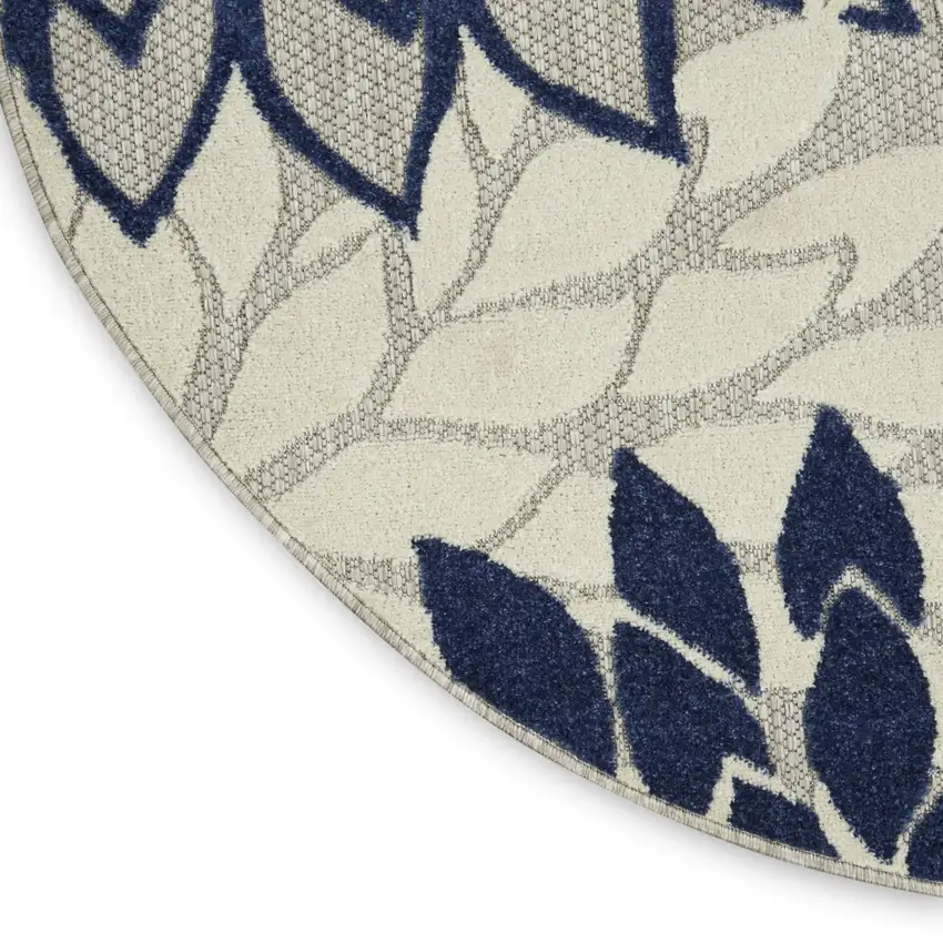 Ivory And Blue Round Floral Indoor Outdoor Area Rug Photo 6