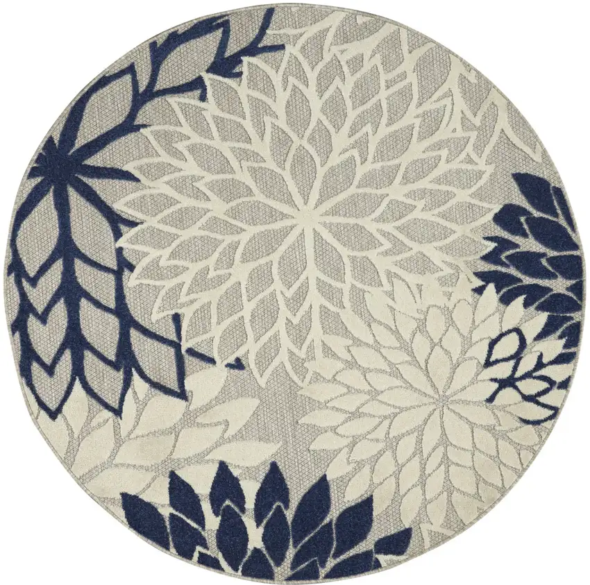 Ivory And Blue Round Floral Indoor Outdoor Area Rug Photo 4