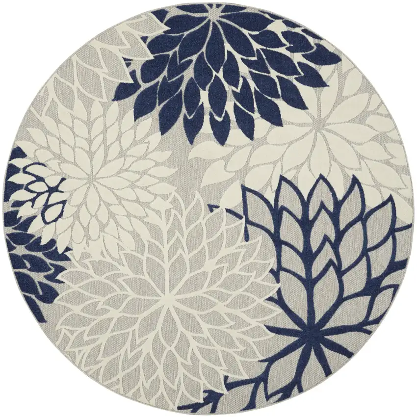8' Ivory And Blue Round Indoor Outdoor Area Rug Photo 3