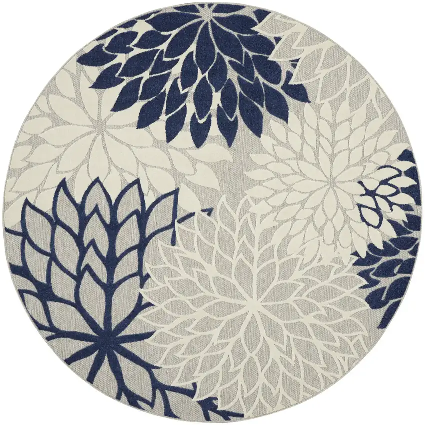 Ivory And Blue Round Floral Indoor Outdoor Area Rug Photo 5
