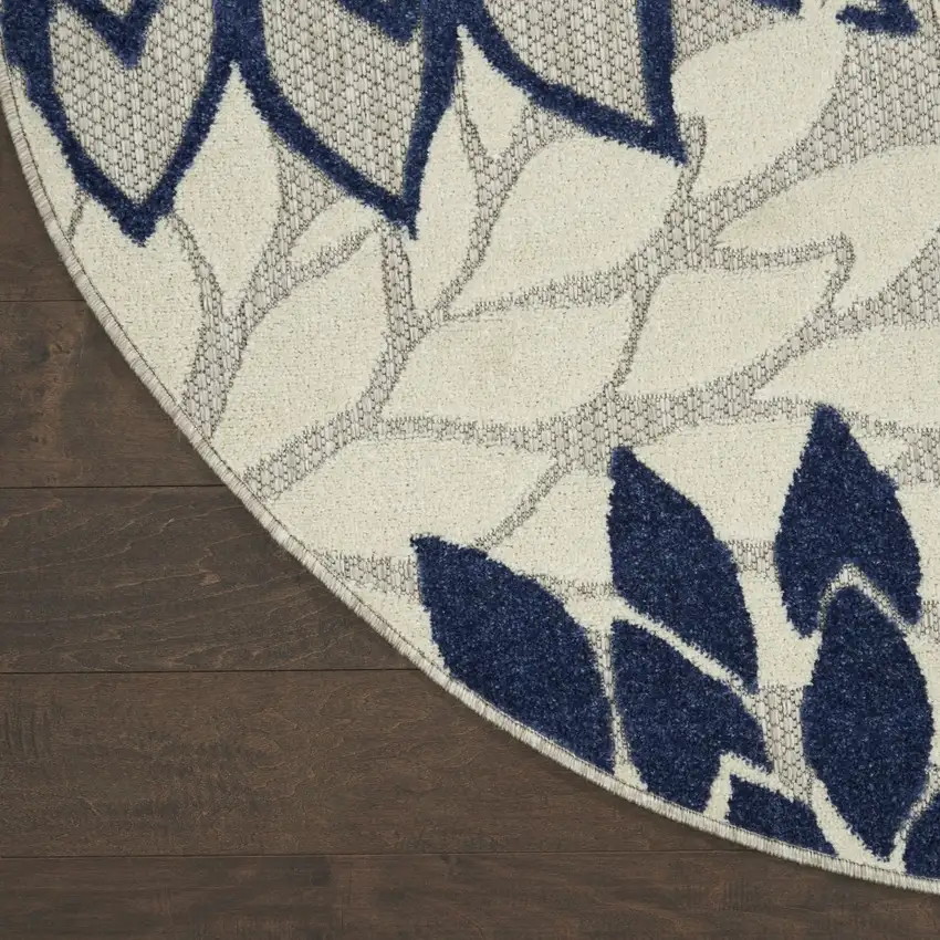 Round Ivory and Navy Indoor Outdoor Area Rug Photo 2