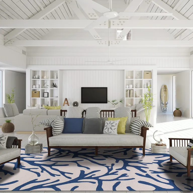 Round Ivory or Blue Corals Indoor Area Rug Photo 4