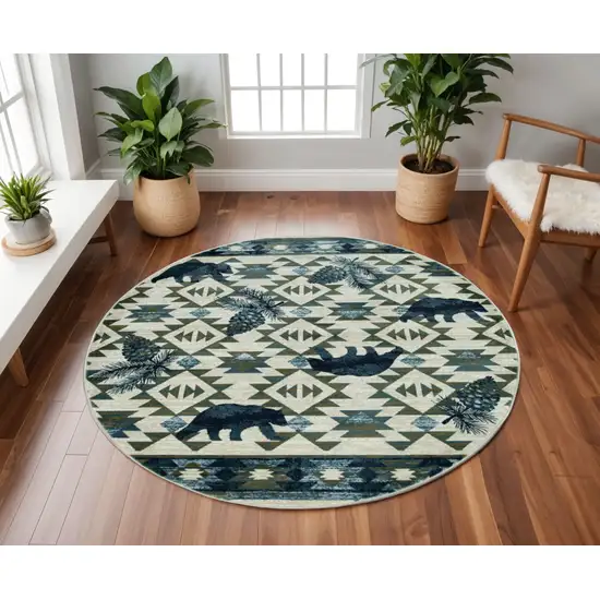 8' Ivory And Blue Southwestern Round Rug Photo 1
