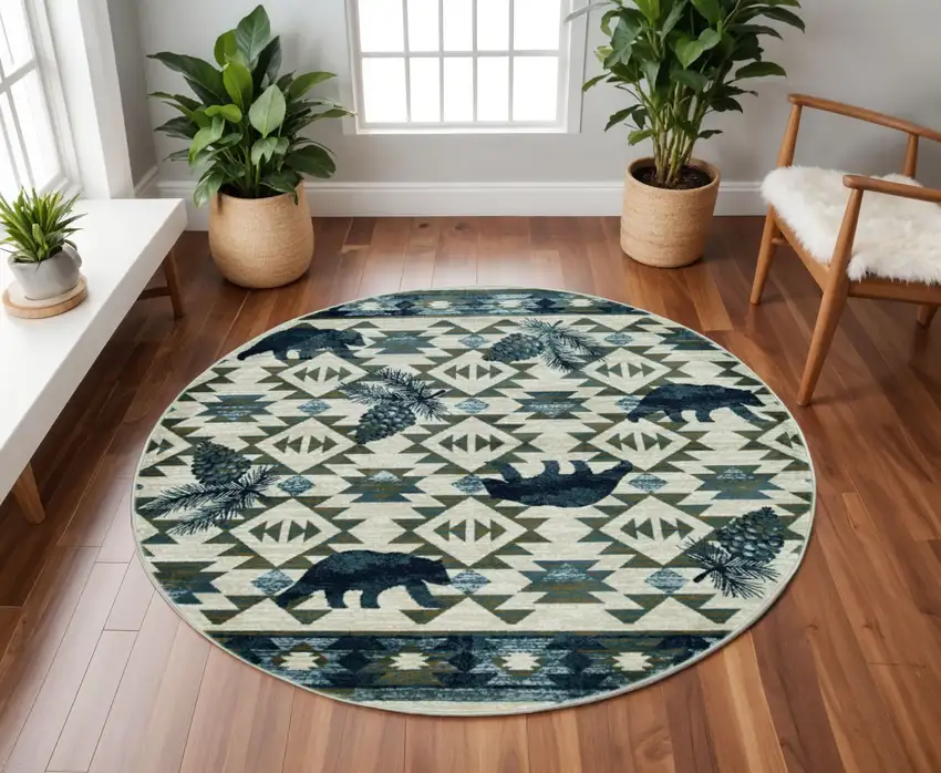 8' Ivory And Blue Southwestern Round Rug Photo 1