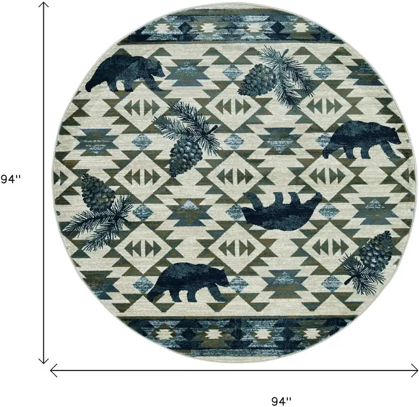 8' Ivory And Blue Southwestern Round Rug Photo 3