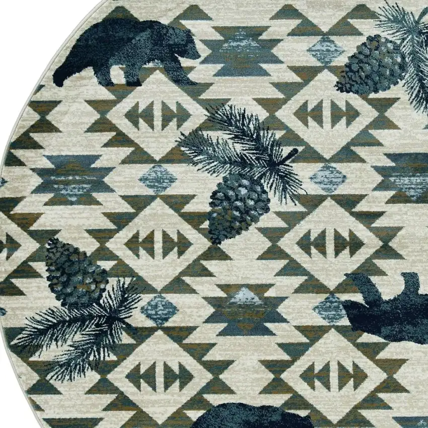 8' Ivory And Blue Southwestern Round Rug Photo 5