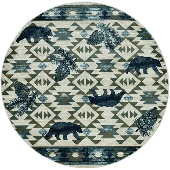 8' Ivory And Blue Southwestern Round Rug Photo 2