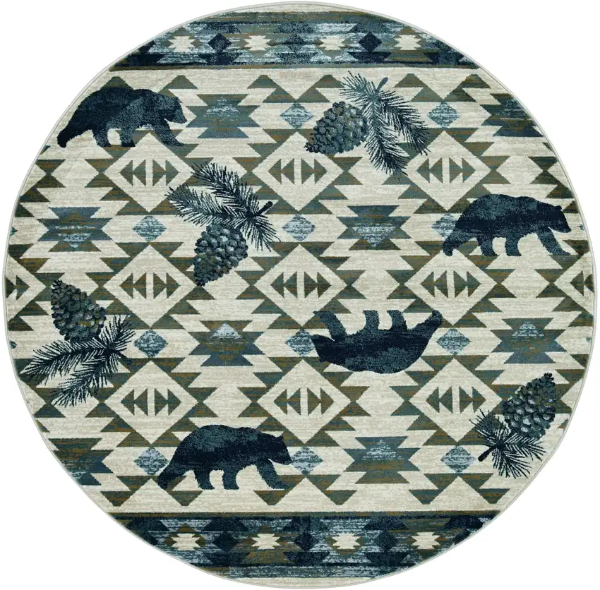 8' Ivory And Blue Southwestern Round Rug Photo 2