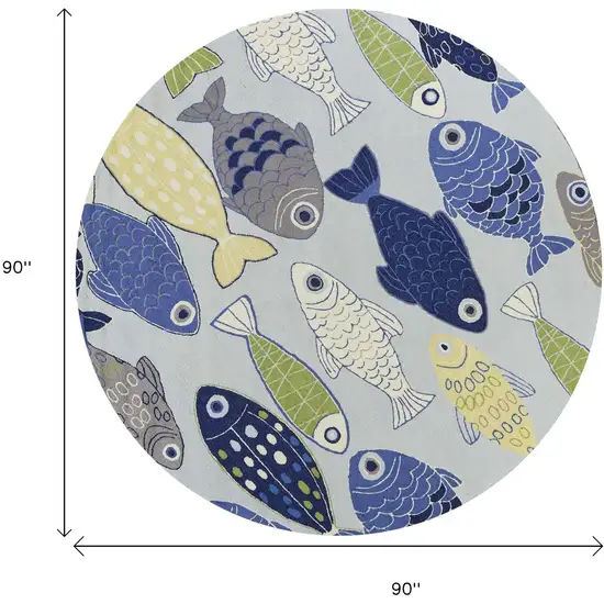 7' Blue Ivory And Green Fish Hand Tufted Round Rug Photo 3