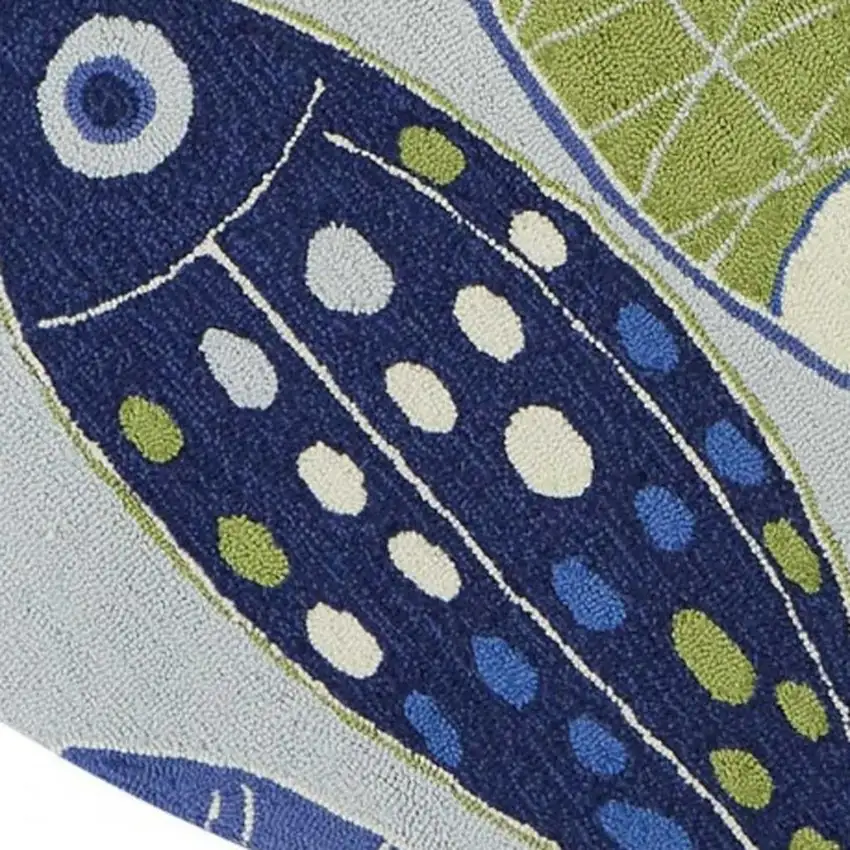 7' Blue Ivory And Green Fish Hand Tufted Round Rug Photo 5