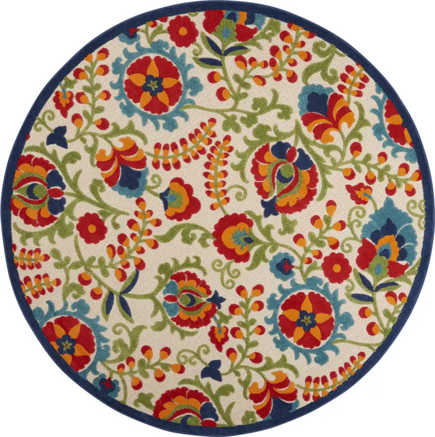Green And Ivory Round Floral Indoor Outdoor Area Rug Photo 4