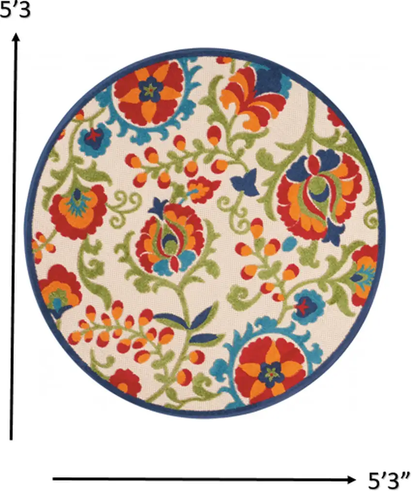 Green And Ivory Round Floral Indoor Outdoor Area Rug Photo 3