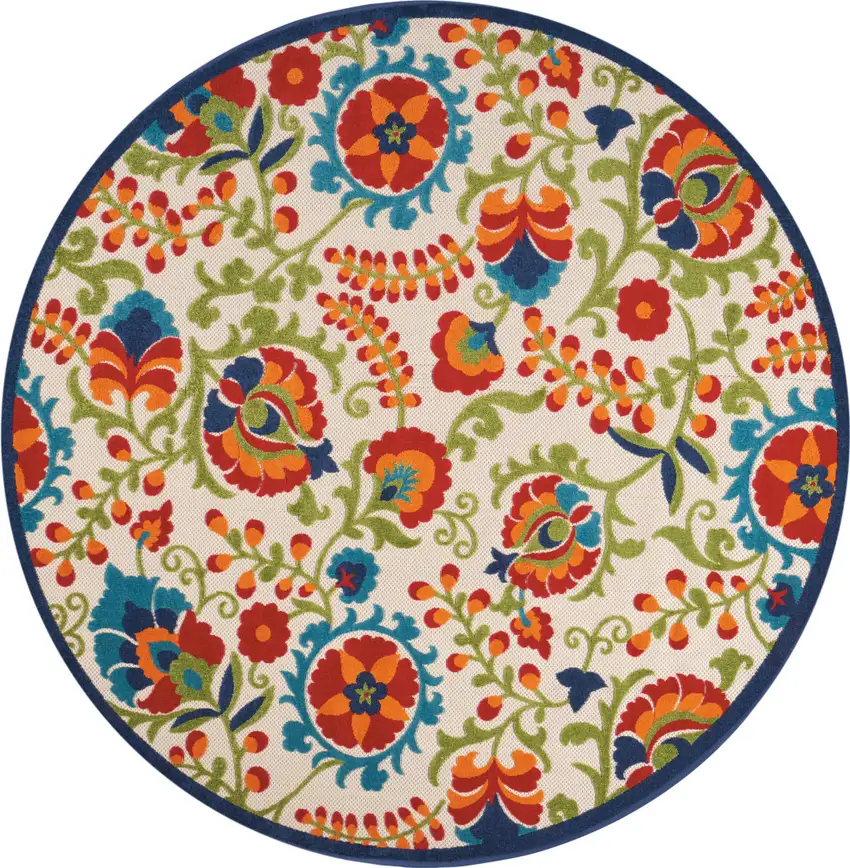Green And Ivory Round Floral Indoor Outdoor Area Rug Photo 3