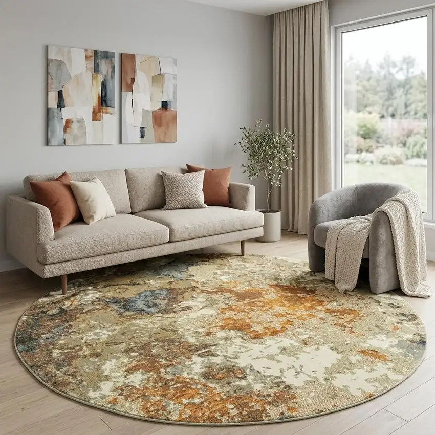8' Gold and Ivory Round Power Loom Area Rug Photo 1