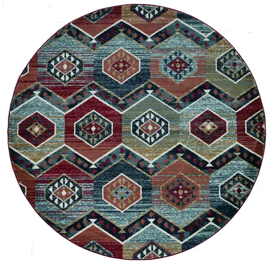7' Red And Blue Geometric Round Rug Photo 2