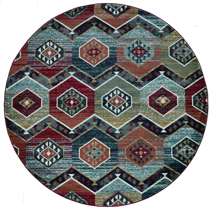 7' Red And Blue Geometric Round Rug Photo 2