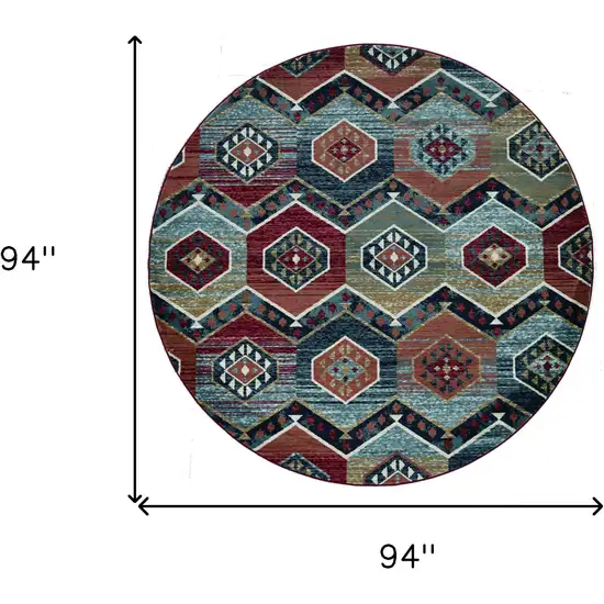 7' Red And Blue Geometric Round Rug Photo 3
