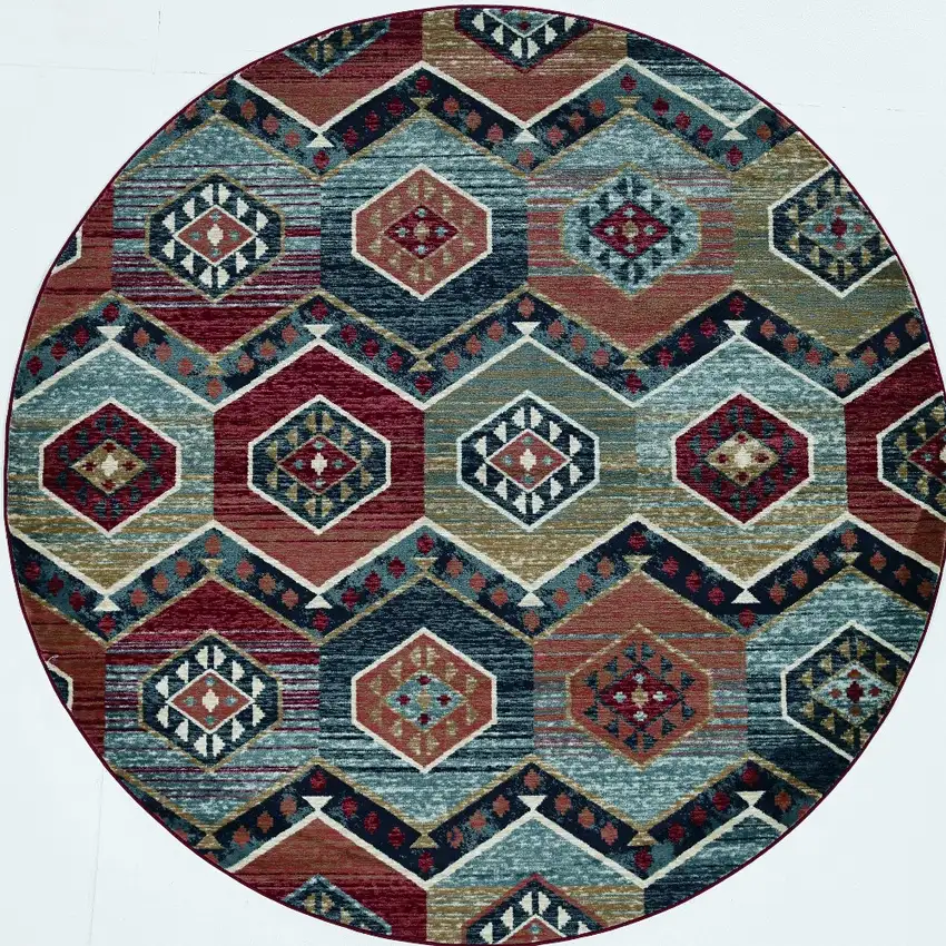 Round Multicolor Geometric Diamond Indoor Area Rug Photo 4