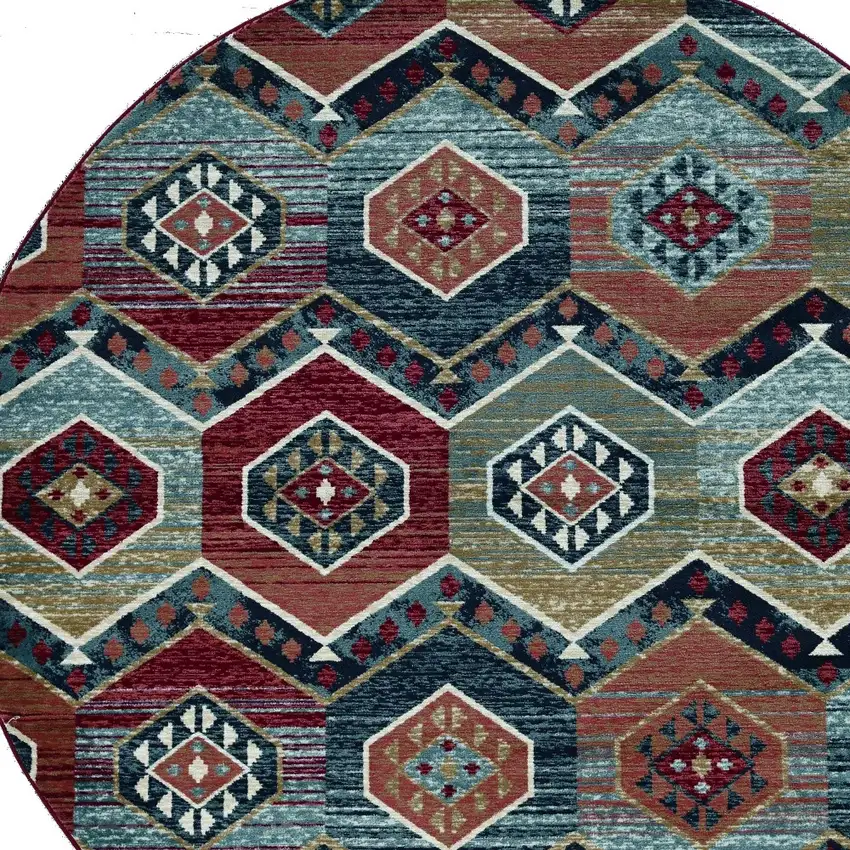7' Red And Blue Geometric Round Rug Photo 4