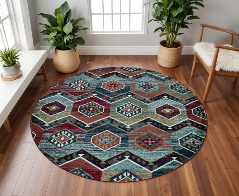 Round Multicolor Geometric Diamond Indoor Area Rug Photo 1