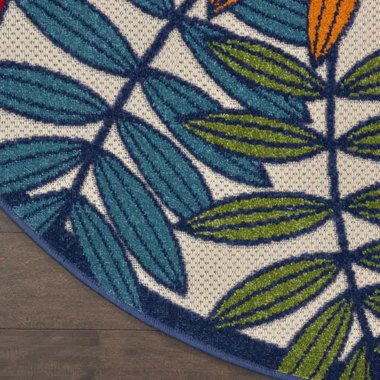 Ivory And Blue Round Floral Indoor Outdoor Area Rug Photo 5