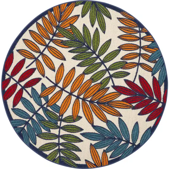 Ivory And Blue Round Floral Indoor Outdoor Area Rug Photo 2