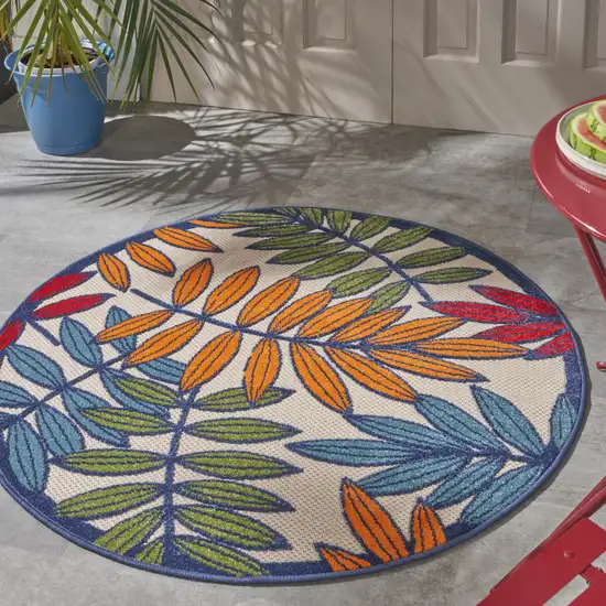 Ivory And Blue Round Floral Indoor Outdoor Area Rug Photo 7