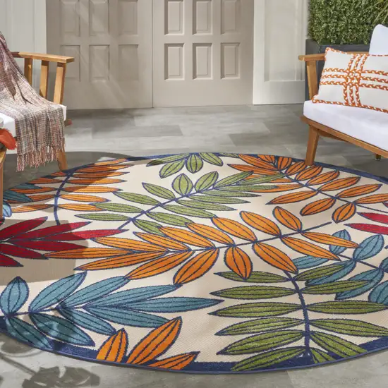 Ivory And Blue Round Floral Indoor Outdoor Area Rug Photo 7