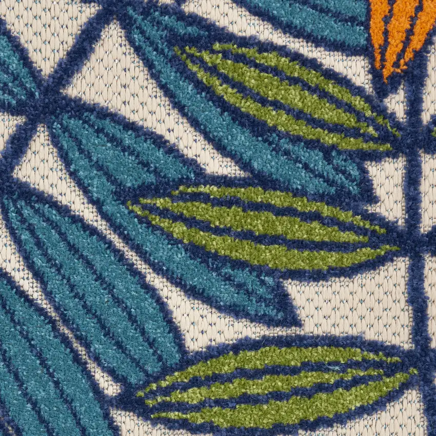 Ivory And Blue Round Floral Indoor Outdoor Area Rug Photo 7