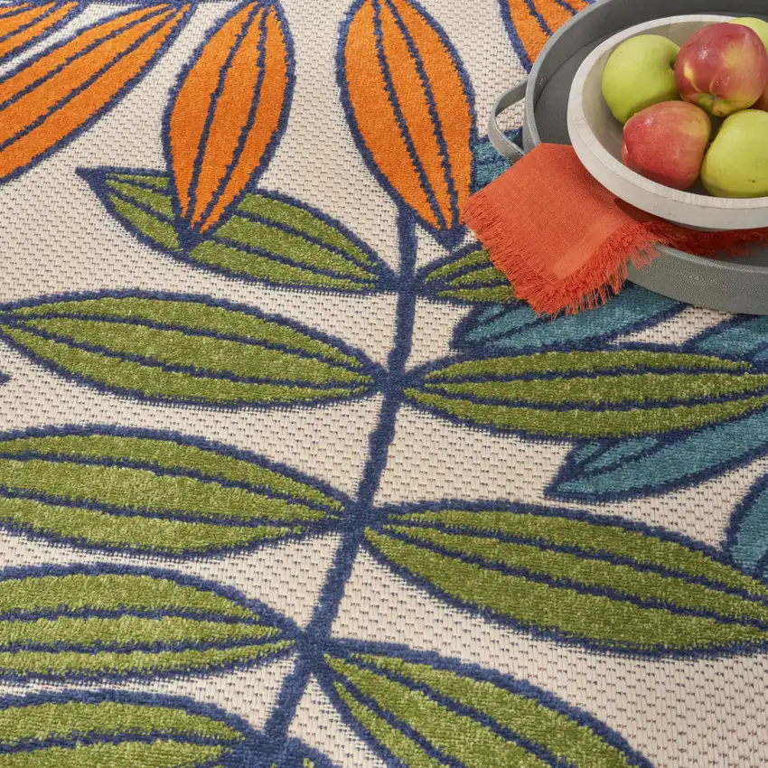Ivory And Blue Round Floral Indoor Outdoor Area Rug Photo 8
