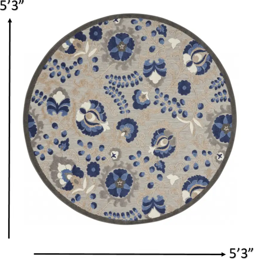 Round Natural and Blue Indoor Outdoor Area Rug Photo 5