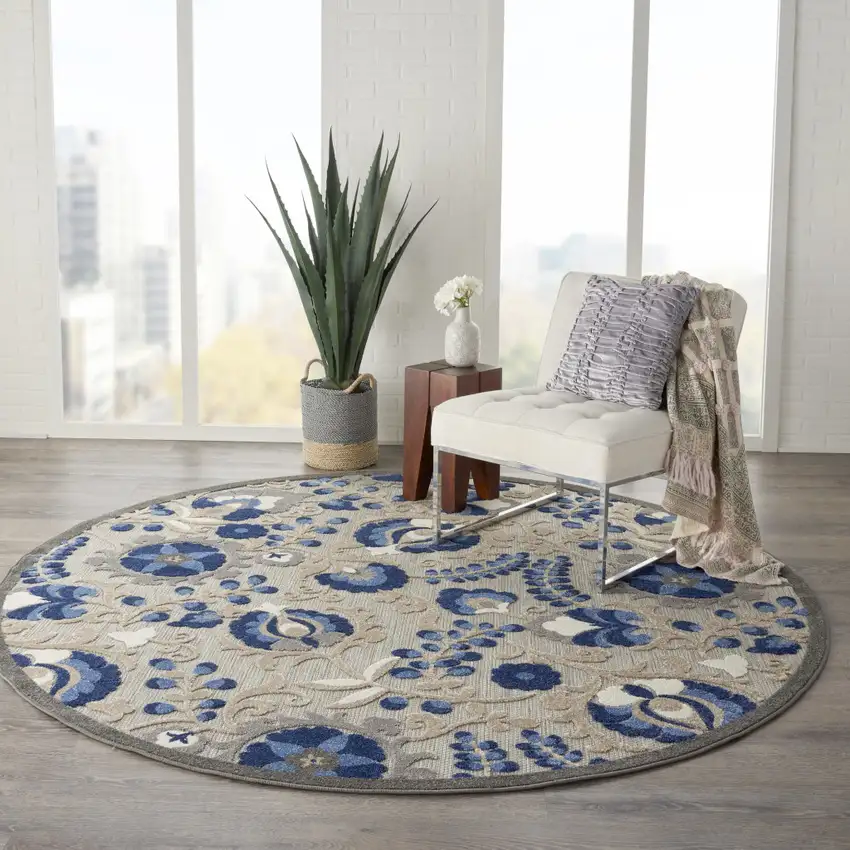 8' Blue And Gray Round Indoor Outdoor Area Rug Photo 4