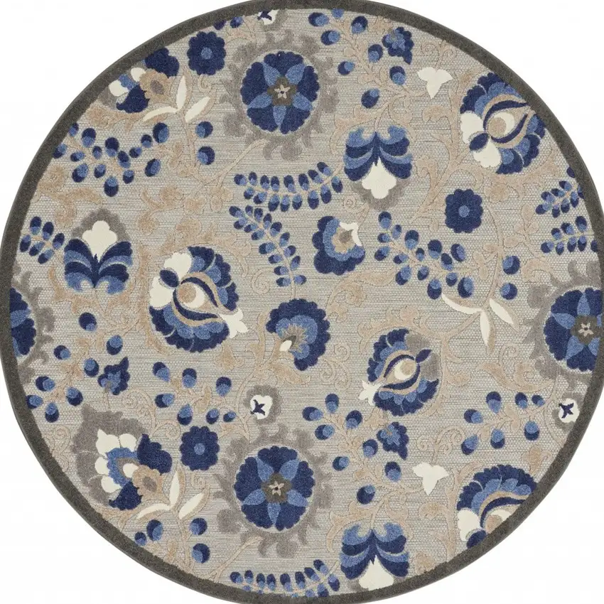 Round Natural and Blue Indoor Outdoor Area Rug Photo 9