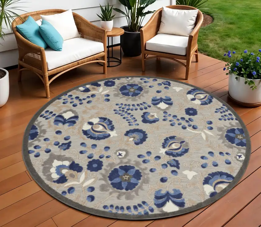 8' Blue And Gray Round Indoor Outdoor Area Rug Photo 2