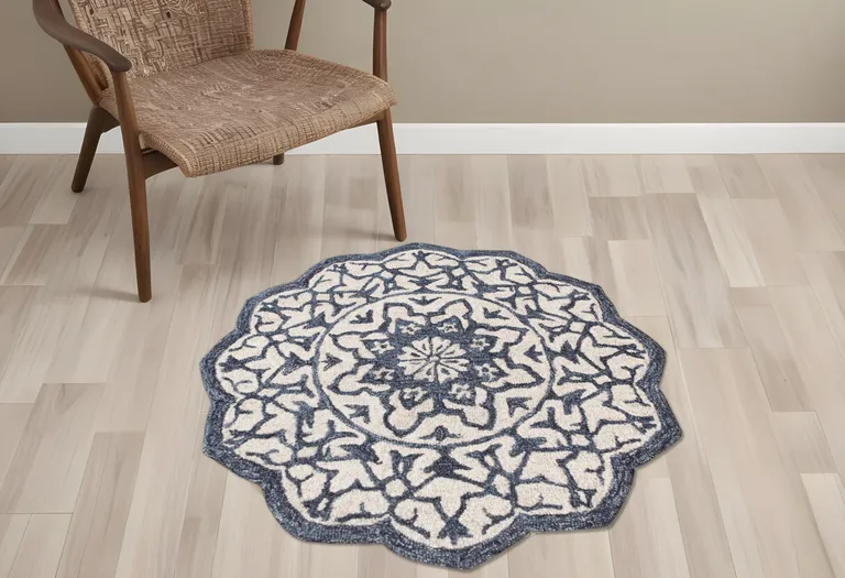 Round Navy and White Decorative Area Rug Photo 5