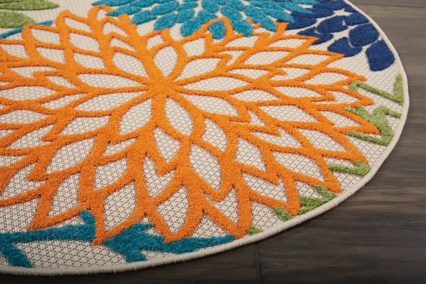Round Orange Floral Outdoor Area Rug Photo 7