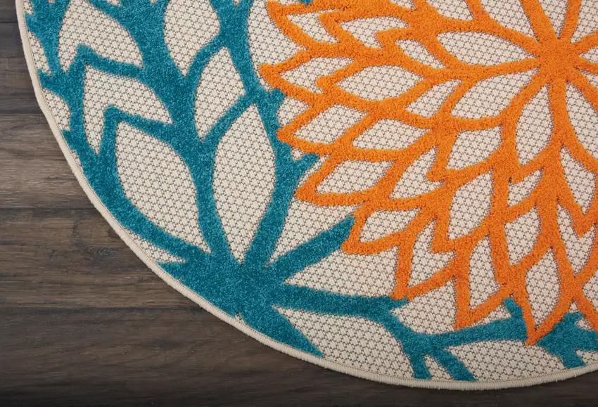 4' Ivory And Blue Round Indoor Outdoor Area Rug Photo 5