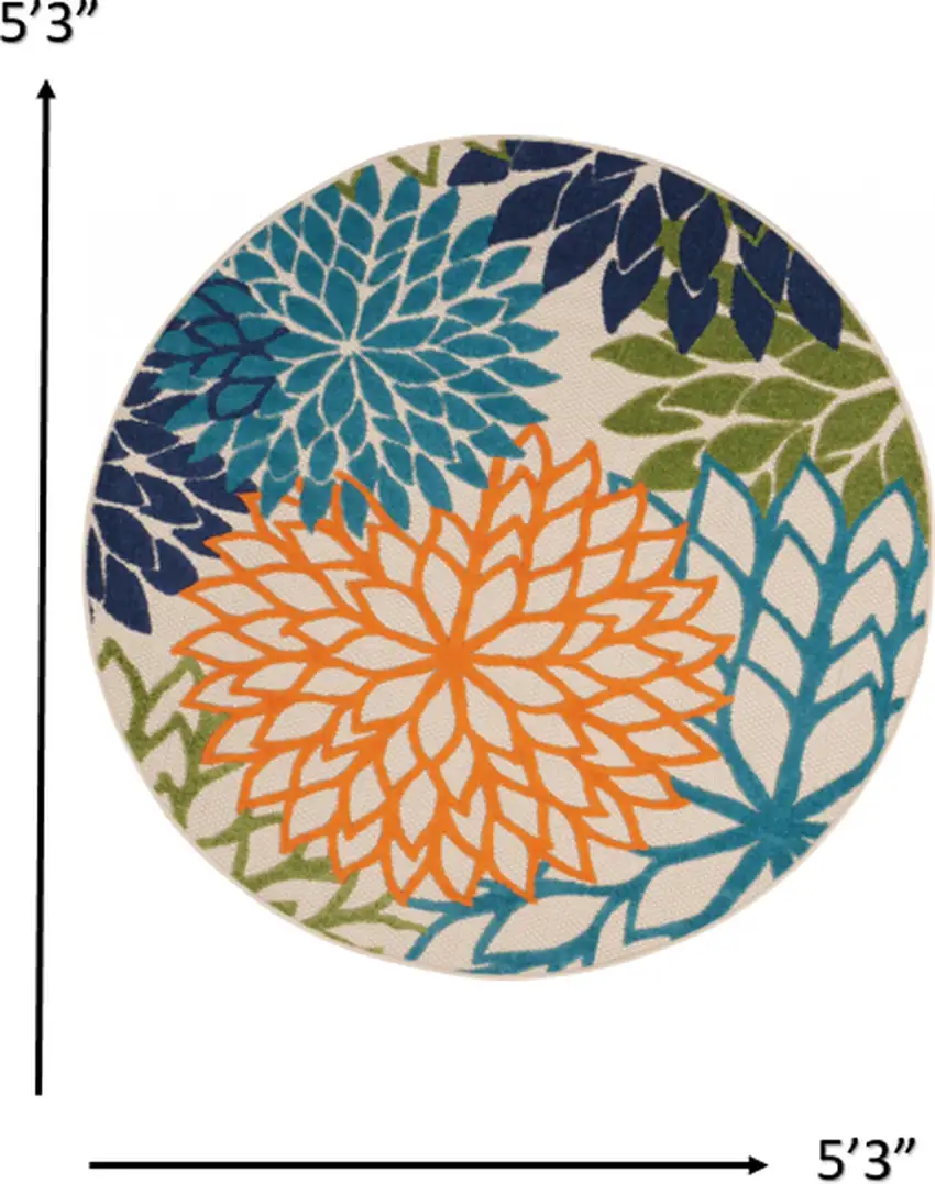 Ivory And Blue Round Floral Indoor Outdoor Area Rug Photo 7