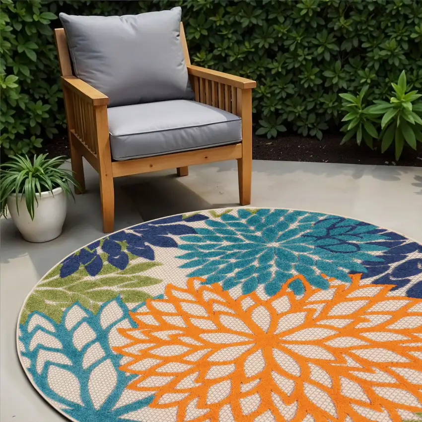 Ivory And Blue Round Floral Indoor Outdoor Area Rug Photo 1