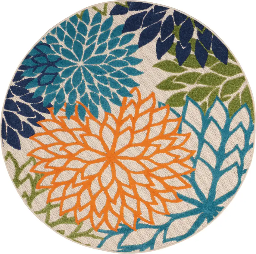 Ivory And Blue Round Floral Indoor Outdoor Area Rug Photo 4