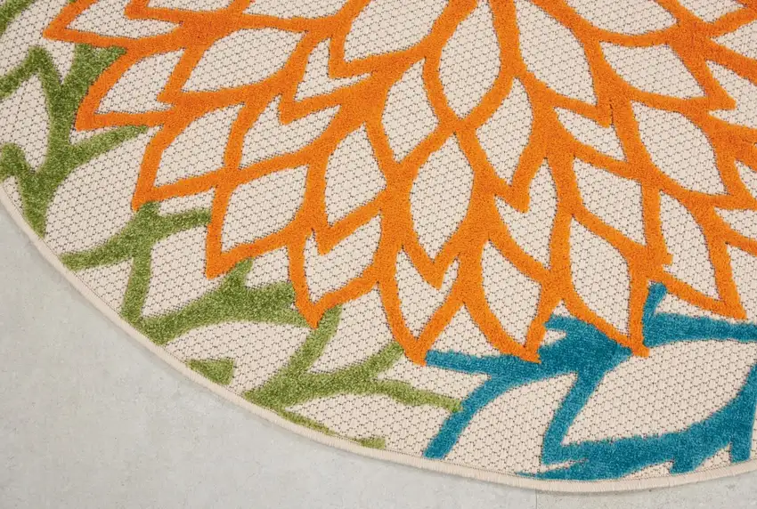 Ivory And Blue Round Floral Indoor Outdoor Area Rug Photo 4