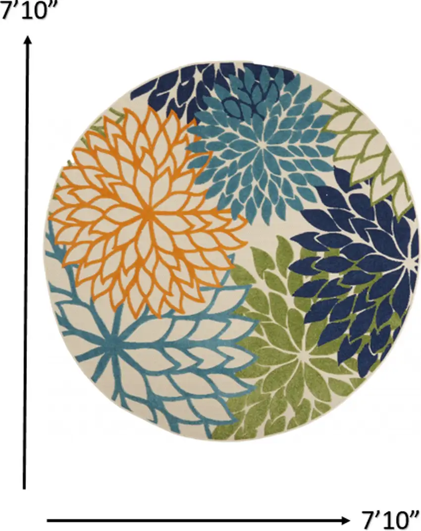 Ivory And Blue Round Floral Indoor Outdoor Area Rug Photo 9