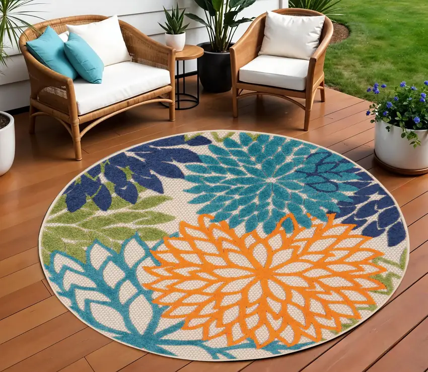 Ivory And Blue Round Floral Indoor Outdoor Area Rug Photo 1