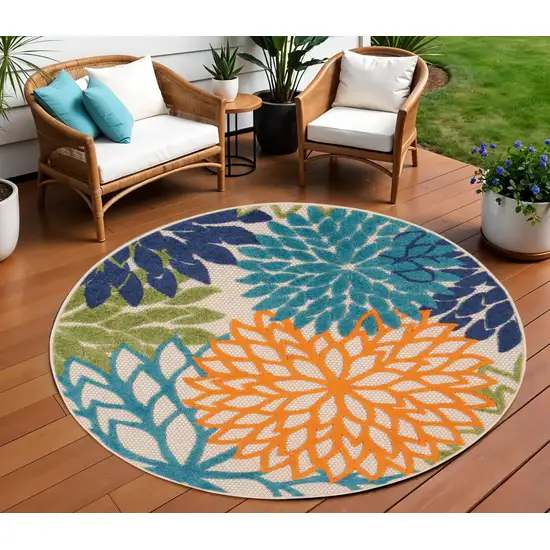 Ivory And Blue Round Floral Indoor Outdoor Area Rug Photo 1