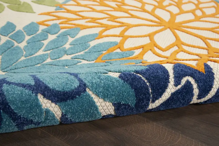 Ivory And Blue Round Floral Indoor Outdoor Area Rug Photo 5