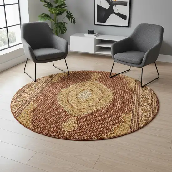 7' Cream Oriental Round Rug Photo 2